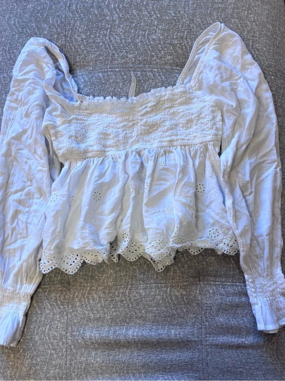 American Eagle Outfitters White Eyelet Smocked Peasant Top
